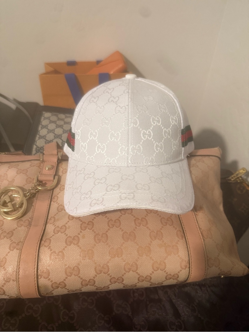 Gucci White GG Monogram Baseball Cap with Red & Green Web